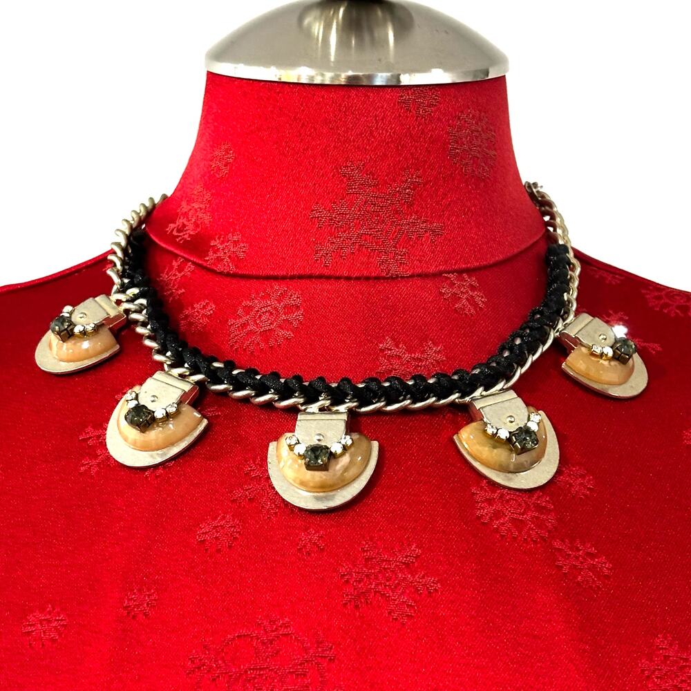 Express Bib Necklace chunky Brutalist gold black chain Tribal tan rhinestones
